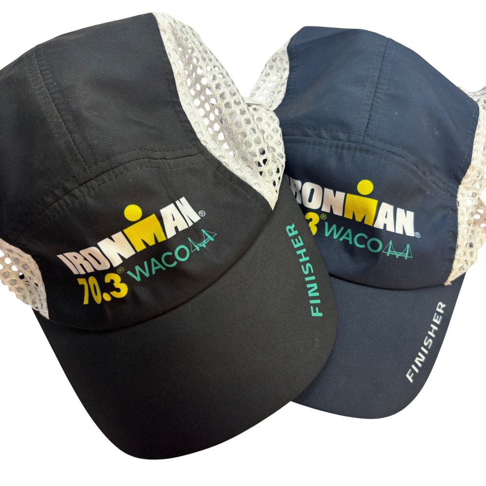 Lot of 2 Boco Gear Ironman 70.3 Waco Finisher Running Hats Black Navy Mesh Cap